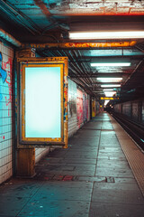 The juxtaposition of an empty poster frame in a dimly lit subway station with graffiti in the background captures the essence of urban art and creativity.