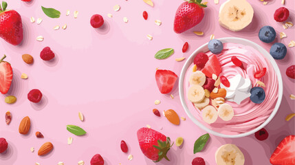 Bowl with pink yogurt nuts and fresh fruits on color