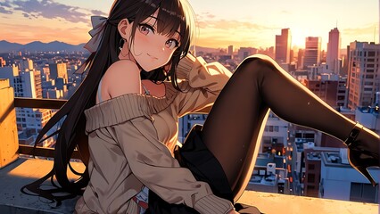 Anime girl sitting on the roof of a multi-story building, anime wallpaper, PC wallpaper
