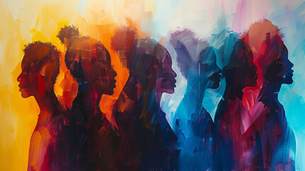 An abstract mural representing unity and diversity through vibrant colors and diverse silhouettes of people.