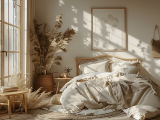 Subtle Elegance: White Frame Mockup with Floral Accents in Minimalist Bedroom
