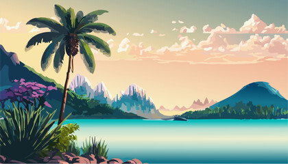 Fototapeta na wymiar Landscape tropical island and beach with palm in the sunset