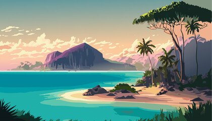Naklejka premium Landscape tropical island and beach with palm in the sunset
