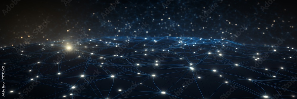 Poster digital network web on dark background. futuristic network connectivity with glowing blue nodes. gen
