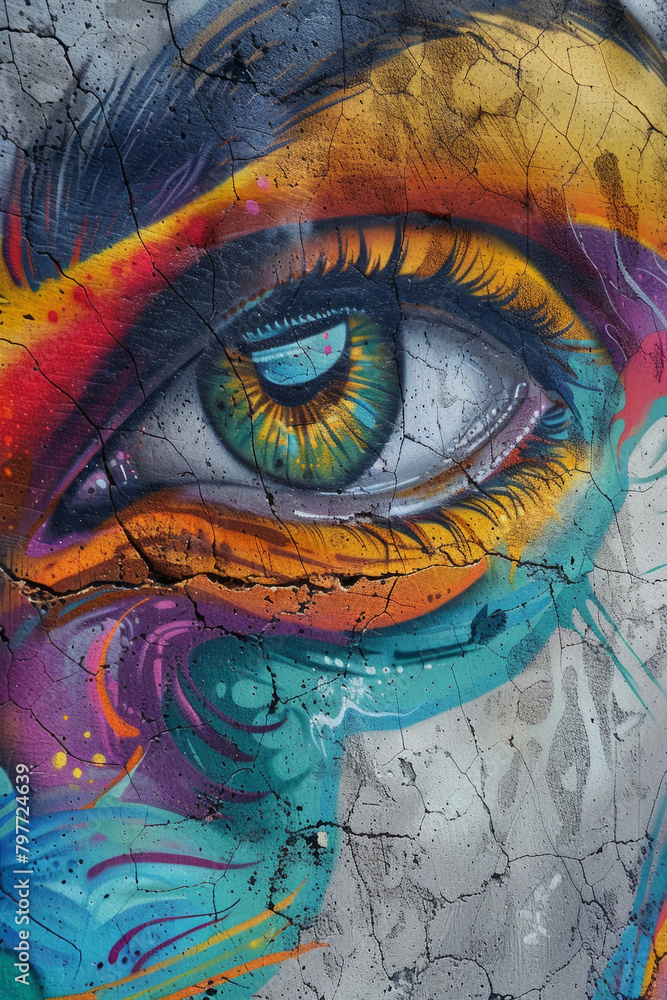 Poster abstract graffiti art on an industrial building featuring swirling colors and surreal designs, creat