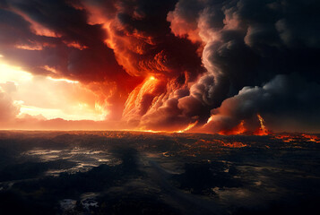 Fire hurricane cloudscape in ravages sky. Visual artwork of climate change-induced apocalypse and natural disaster. Global ecological apocalyptic concept. Gen ai illustration. Copy ad text space - obrazy, fototapety, plakaty