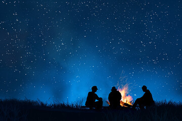 Silhouette of friends sitting around a blazing campfire under a starry sky.