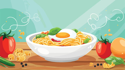 Bowl with tasty pasta tomatoes and egg on table Vector