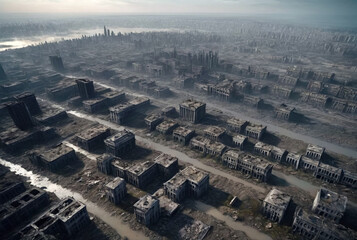 Doomsday. Aerial View of destroyed city, apocalypse ruined, urban landscape. Abandoned damage town in fog, skyline scenery. Global apocalyptic conflict concept. Gen ai illustration. Copy ad text space