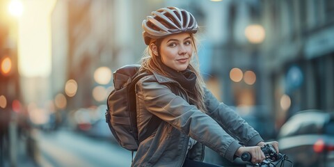 Business women's bicycle commute on city street, business women biking, active urban lifestyle