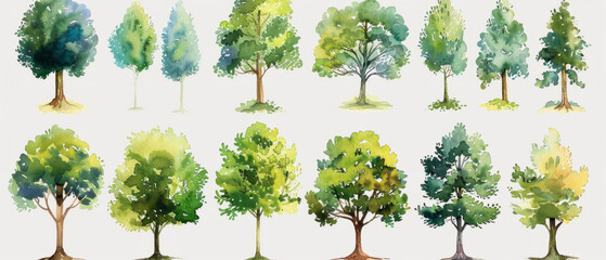 A beautiful collection of hand-drawn watercolor trees depicting a variety of forest trees.