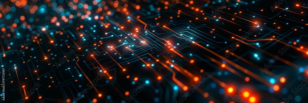 Poster circuitry close-up with glowing red and blue nodes. electronic circuit board. digital circuit, cyber