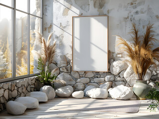 Minimalist Oasis: White Frame Mockup Against Light Gray Concrete Wall