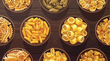 Bowls with assortment of dry pasta on table top view