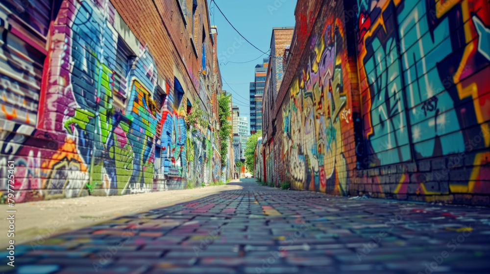 Poster expressive and colorful wall graffiti art creating a visually captivating scene in a daytime urban s
