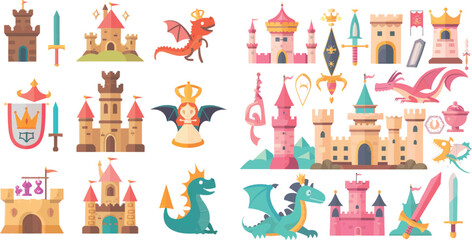 Fototapeta premium Fairytale icons or fantasy icons. Castle and sword, knight and princess, dragon and crown