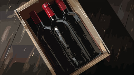 Box with bottles of wine on dark background closeup Vector