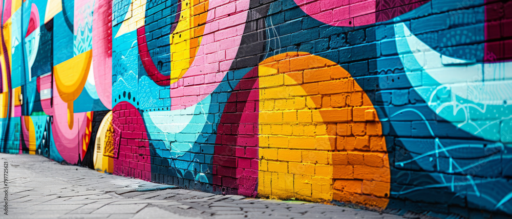 Poster a vibrant and colorful alleyway filled with dynamic graffiti art, showcasing a variety of shapes and