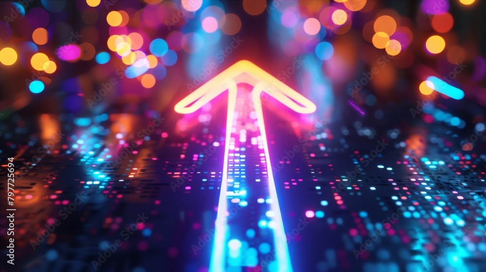 Poster vibrant neon arrow pointing upward over a glowing electronic circuit board with bokeh lights.
