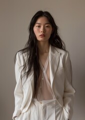 A photo of an Asian woman in her mid-twenties, wearing a white blazer and pants with a sheer top underneath