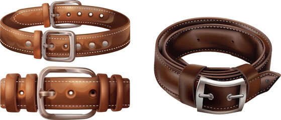 Leather belts. Brown leathers belt with metal steel buckle vector