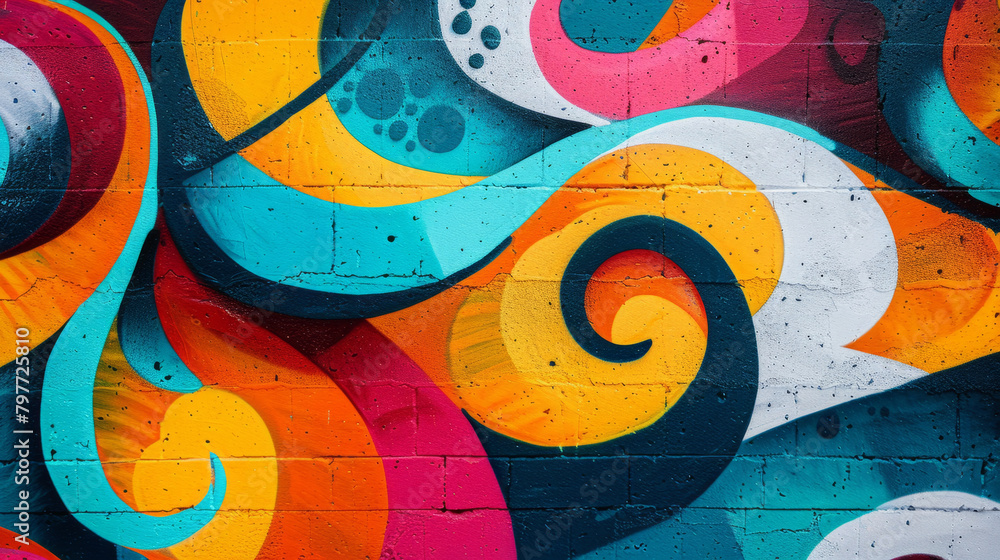 Poster expressive and colorful graffiti art on urban wall with dynamic patterns and bold colors.