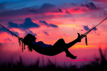 Silhouette of a happy woman at sunset, enjoying the golden hour while reclining on a hammock against the backdrop of the colorful sky