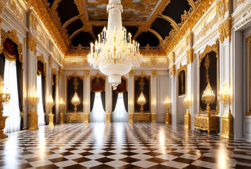Elegant Hall With Chandeliers in Grand Palace. Ornate hall featuring elaborate stucco decorations, luxury chandeliers, checkered floor inside regal palace. Royal interior concept. Copy ad text space - obrazy, fototapety, plakaty