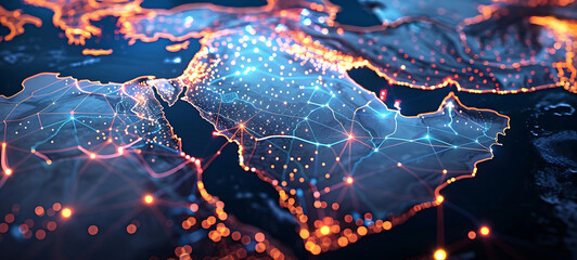 World map made of glowing printed circuits, global network and connectivity, data transfer and technology, artificial intelligence, information exchange