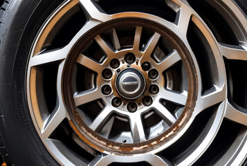 Replacing car's front chassis wheel, close-up. Front wheel of car with maintenance rust showing wear from exposure to elements over time, outdoors. Car auto repair concept. Copy ad text space poster