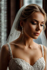 Portrait of woman bride in wedding dress with nice makeup and hairstyle at window, pensive closed eyes. Sensual lovely lady posing at hotel. Concept of luxury wed fashionable style. Copy ad text space