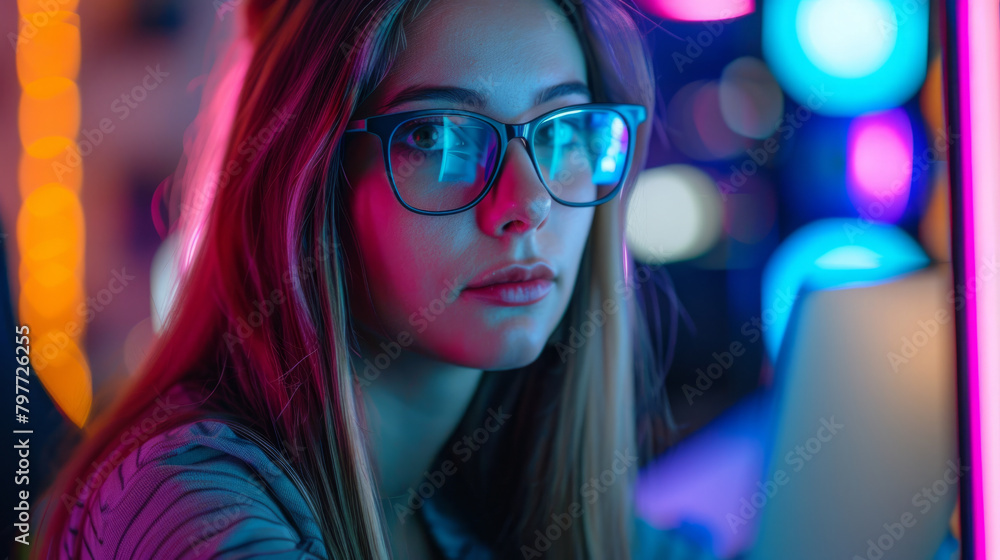 Poster a female programmer with glasses and long straight hair deeply focused on coding on a computer scree