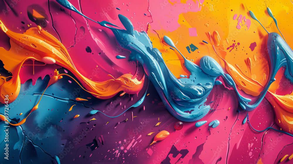 Poster a unique blend of abstract graffiti art featuring surreal shapes and striking neon colors that capti