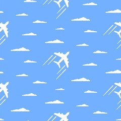 White clouds and airplanes on blue background. Vector seamless pattern.