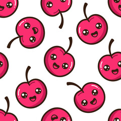 Kawaii cherry vector seamless pattern. Red cartoon berries with smile faces on white background.