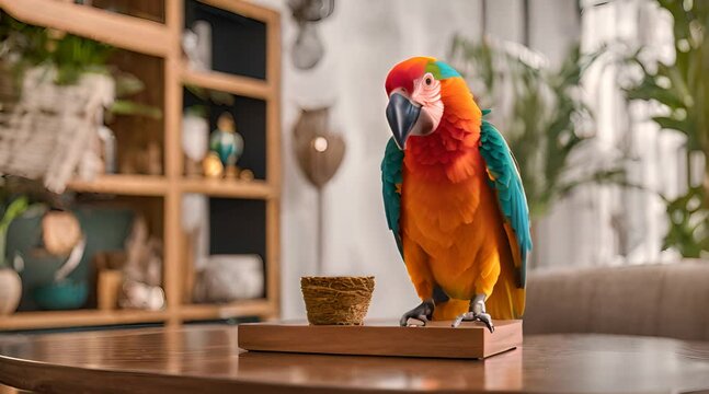 Vibrant scarlet macaw parrot inside a cozy room, its colorful feathers contrasting with the exotic patterned upholstery 