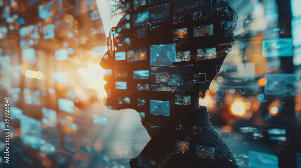Poster artistic representation of a professional merging with digital screens, highlighting document manage