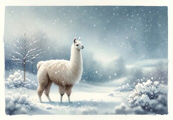 Obraz premium Watercolor painting of a Llama in a winter theme