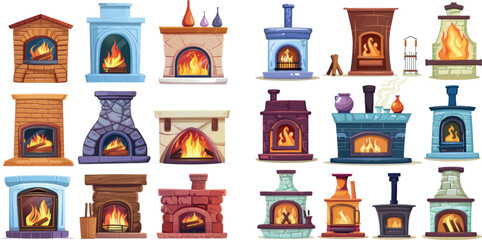 Cartoon fireplaces stoves. Fireplace chimney electric fire wood heat systems, cozy fireside classic - 797726861