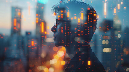 Fototapeta premium The intersection between corporate backgrounds and financial charts in a double exposure portrait of a businessperson.