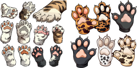Cats palms. Cat paws with claws, cartoon pets paws-up cute furry kittens hands, drawing kitty hunter - 797727034