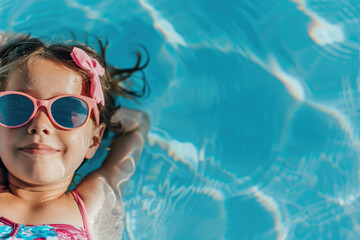a little girl wearing sunglasses lounging by the pool in summer, wearing yellow and pink sunglasses.