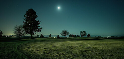 Moonlight casting a silver sheen on the tranquil fairways, nocturnal golf magic.