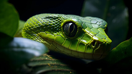 Fototapeta premium A green snake with a green head and a black background