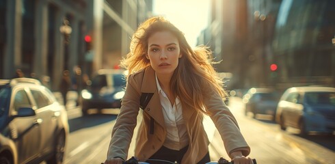 Fototapeta na wymiar Business women on bicycle, business women bike through city street, business women urban commute