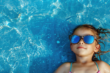 a little girl wearing sunglasses lounging by the pool in summer, wearing yellow and pink sunglasses.