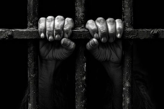 Dark confinement: Prisoner's hands restrained