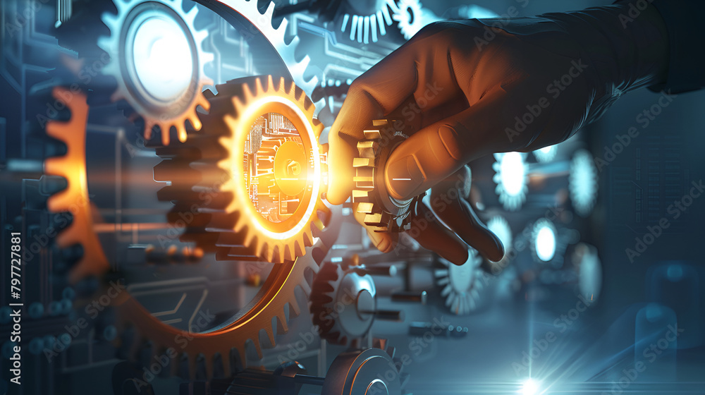 Poster gears background, technology concepts,metal gears on a darker background,man hand holding control wi