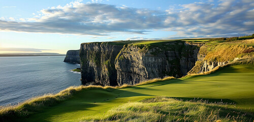 Towering cliffs providing a breathtaking backdrop to the pristine greens.