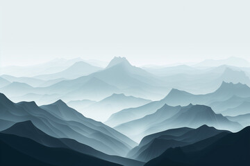 Misty mountain range with layered hills in monochrome blue tones, digital illustration